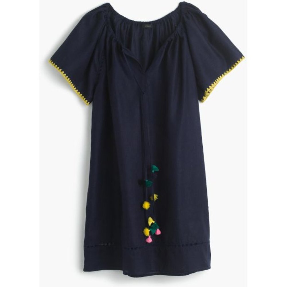 J Crew Embroidered Linen Cotton Pom-Pom Cover-Up